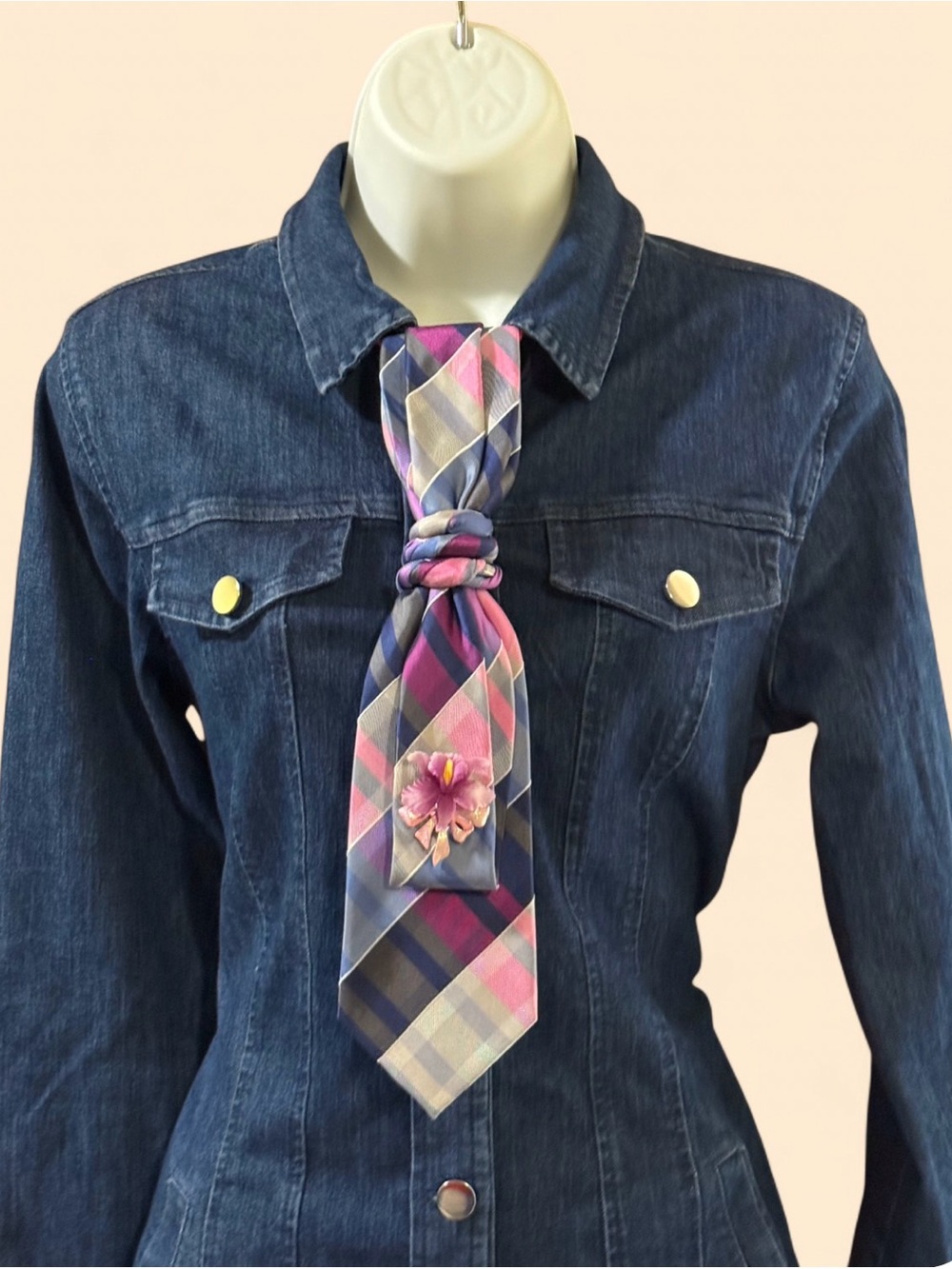 Pink and Blue Plaid Kids Neck Tie with Flower Accent